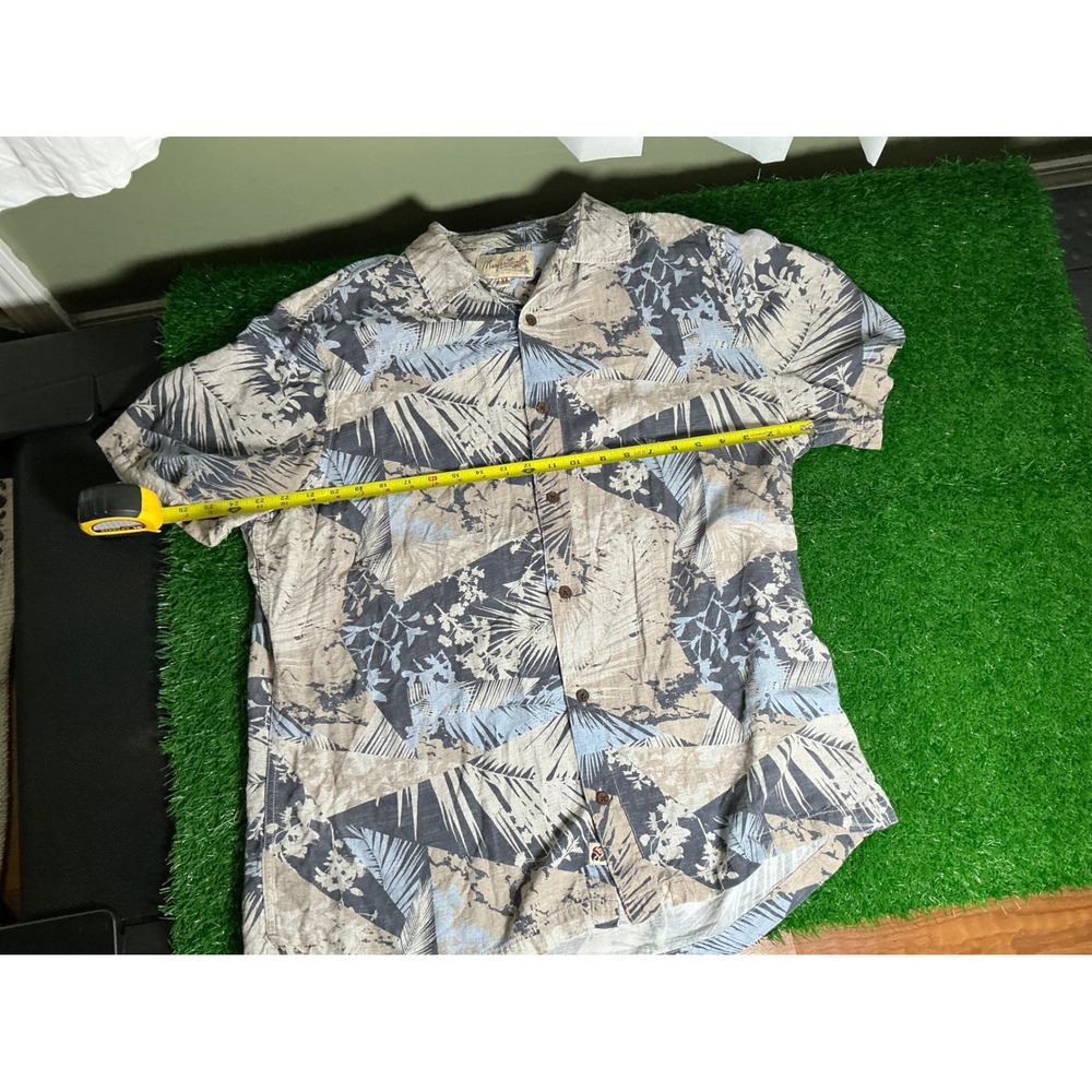 Margaritaville Mens XL Short Sleeve Button Down Shirt Blue Tan Palm Floral Rayon